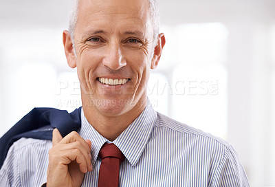 Buy stock photo Smile, portrait and mature businessman, ceo or senior manager at corporate startup office. Relax, confidence and happy face of business owner, boss or entrepreneur at professional agency with pride