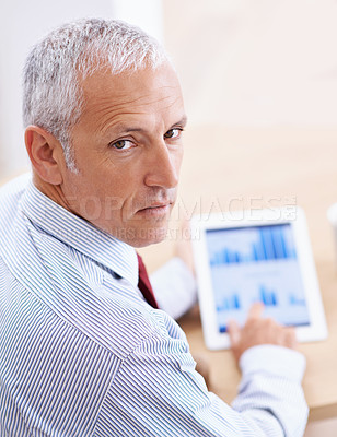 Buy stock photo Portrait, business and senior man with tablet, screen or financial, budget or savings review in office from above. Finance, graph or face of old male data analyst with digital, investment or chart
