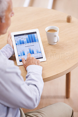 Buy stock photo Tablet screen, hand pointing or senior businessman with graph, chart or budget, invest or review in office. Finance, research or accountant show digital savings, timeline or data analytics app