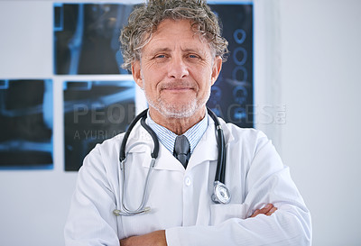 Buy stock photo Senior man, doctor and portrait or arms crossed in office for healthcare, medical support and medicine career with stethoscope. Mature, face and health expert with confidence  for radiology in clinic