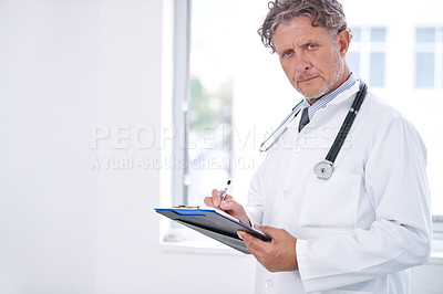 Buy stock photo Medical, portrait and mature doctor with a checklist for healthcare, insurance or results of test. Clinic, exam and surgeon with paperwork folder for hospital and question information for document