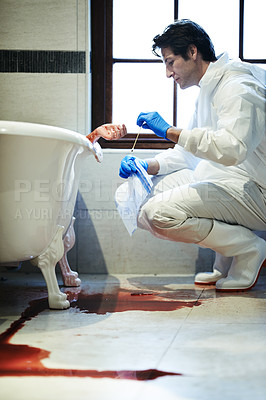 Buy stock photo Cropped shot of a forensic examiner gathering evidence from a bloody crime scene