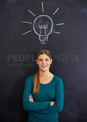 Buy stock photo Idea, portrait and woman with light bulb on chalkboard for inspiration, brainstorming and problem solving. Creative, question and person on background with icon for solution, thinking and planning
