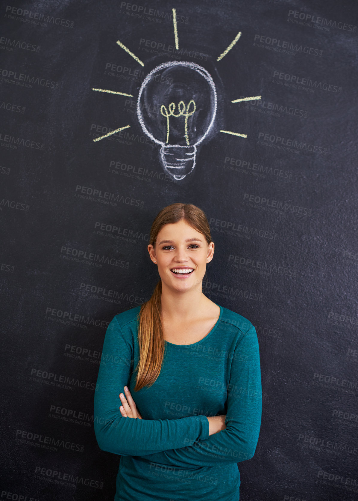 Buy stock photo Idea, portrait and woman with light bulb on chalkboard for inspiration, brainstorming and problem solving. Creative, question and person on background with icon for solution, thinking and planning