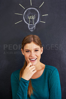 Buy stock photo Portrait, thinking and woman with light bulb on chalkboard for inspiration, brainstorming and problem solving. Creative, question and person on background with icon for ideas, thoughtful and planning