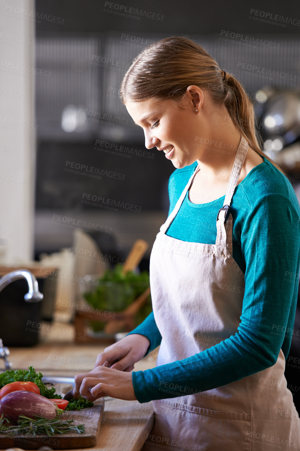 Buy stock photo Food, cooking and woman with ingredients in kitchen cutting vegetables with knife at home. Food, groceries and female person with organic produce for nutrition dinner, supper or meal at apartment.