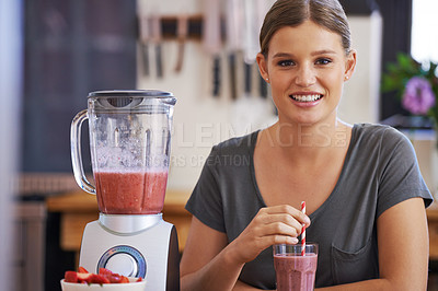 Buy stock photo Happy, kitchen and portrait of woman with smoothie for wellness, detox and healthy breakfast in home. Nutrition, food and person with vegetables, fruit and glass for drink, protein shake and juice