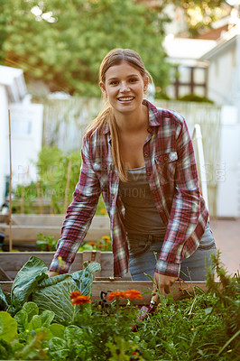 Buy stock photo Shot of a beautiful young woman busy with her plants in her home garden