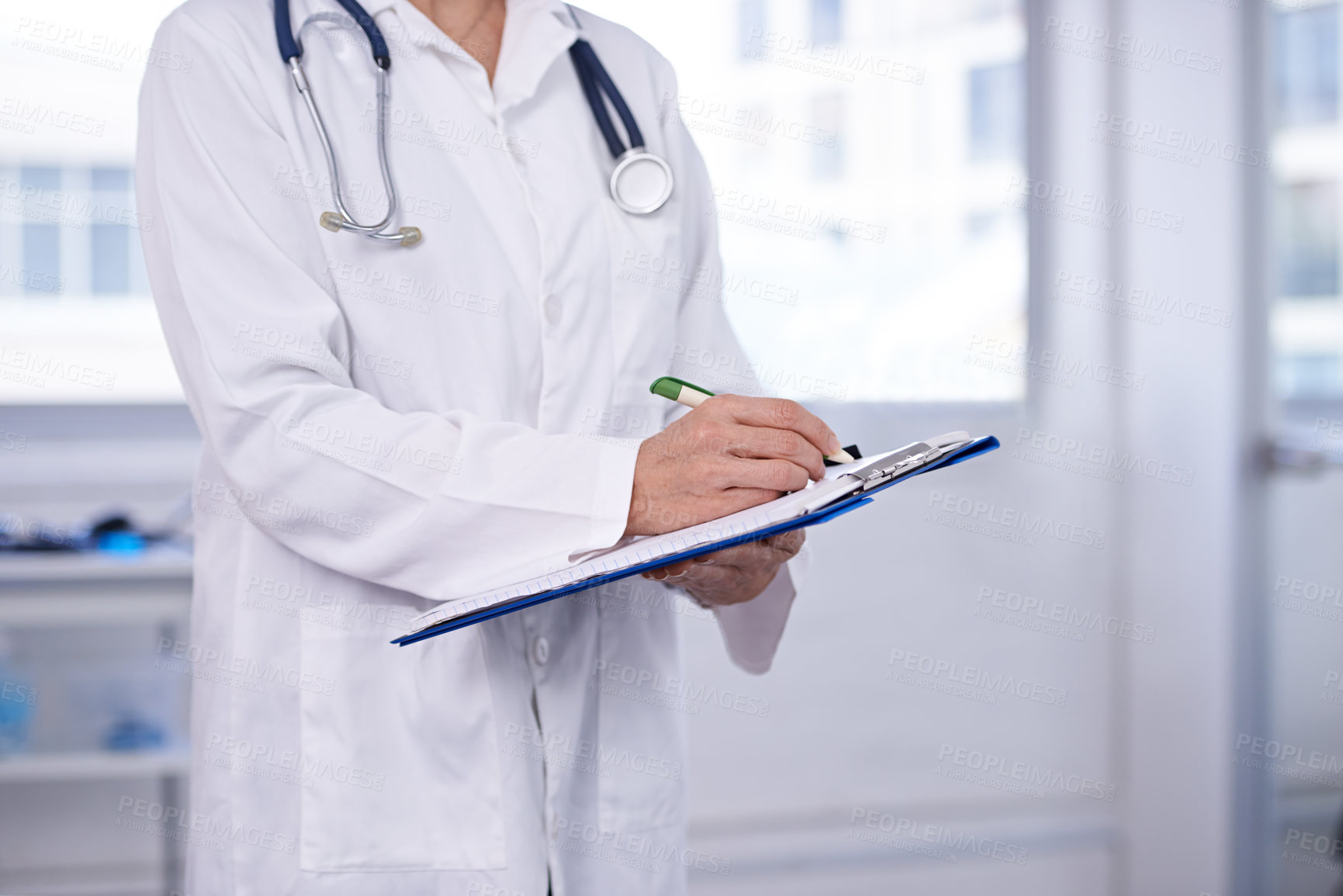 Buy stock photo Hospital, writing and hands of doctor with documents for surgery, compliance or insurance info closeup. Healthcare, folder or nurse with pen for admin, paperwork or clinic, schedule or checklist
