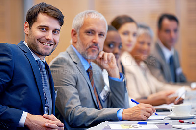 Buy stock photo Boardroom, portrait and directors with smile for teamwork in meeting for discussion of stock market. Employees, women and male people in collaboration for strategy in sales, networking and talk