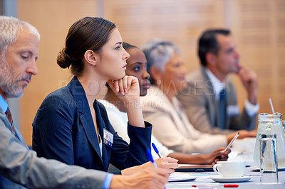 Buy stock photo Boardroom, listening and employees with notes in meeting for business for discussion of stock market. Directors, women and male people in collaboration for strategy in sales, networking and talk