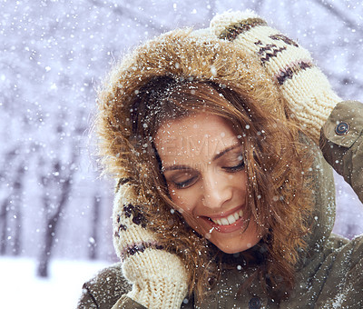 Buy stock photo Woman, snow and smile with winter fashion for cold weather and climate in a park in Iceland. Travel, carefree and happy female person on a holiday freezing in nature with frost and ice outdoor