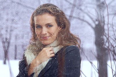 Buy stock photo Woman, snow and portrait with winter fashion for cold weather and climate in a park in Iceland. Travel, smile and happy female person on a holiday freezing in nature with frost and ice outdoor