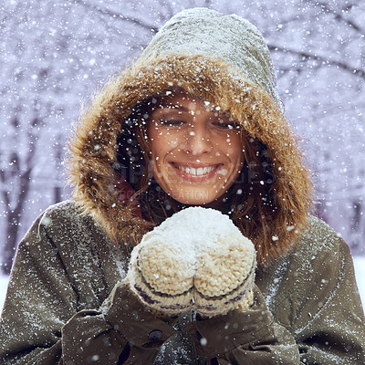 Buy stock photo Snowball, excited and face of woman with snow outdoors for season, snowing weather and cold climate. Travel, fashion and happy person in nature on winter holiday, vacation and weekend in Switzerland