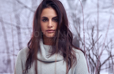Buy stock photo Shot of an attractive woman enjoying herself outside in the snow