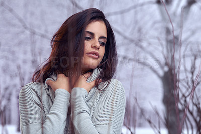 Buy stock photo Winter, cold and woman outdoor in snow for fashion with turtle neck, jersey and warm top by tree in nature. Female person, Mexican lady and gen z girl with beauty for style, clothes and thinking