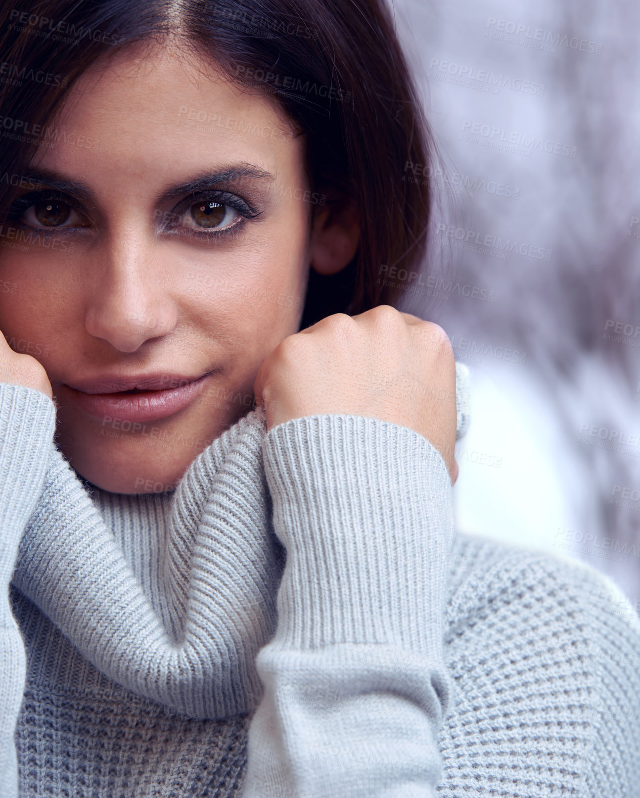 Buy stock photo Winter, snow and face of woman for fashion with turtle neck, jersey and warm top by tree in nature. Female person, Mexican lady and portrait of girl with trendy style, clothes and cold outdoor