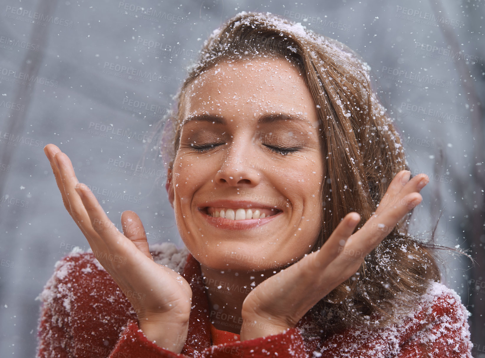 Buy stock photo Happy, smile and woman with snow relax outdoors for season, snowing weather and cold climate. Eyes closed, fashion and person in nature on winter holiday, travel vacation and weekend in Switzerland