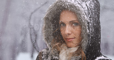 Buy stock photo Snow, woman and travel with portrait outdoor in winter with storm, ice and holiday with jacket for climate. Cool, frost and female person in Iceland with adventure and freezing from weather in nature