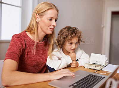 Buy stock photo Remote work, happy and mother and child on laptop for streaming subscription, research and internet. Family, living room and mom and kids on computer for website, working online and home business