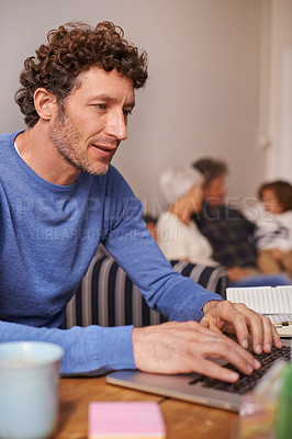 Buy stock photo Remote work, laptop and man in living room for online report, research and internet for freelance career. House, working from home and person on computer for website, typing email and planning