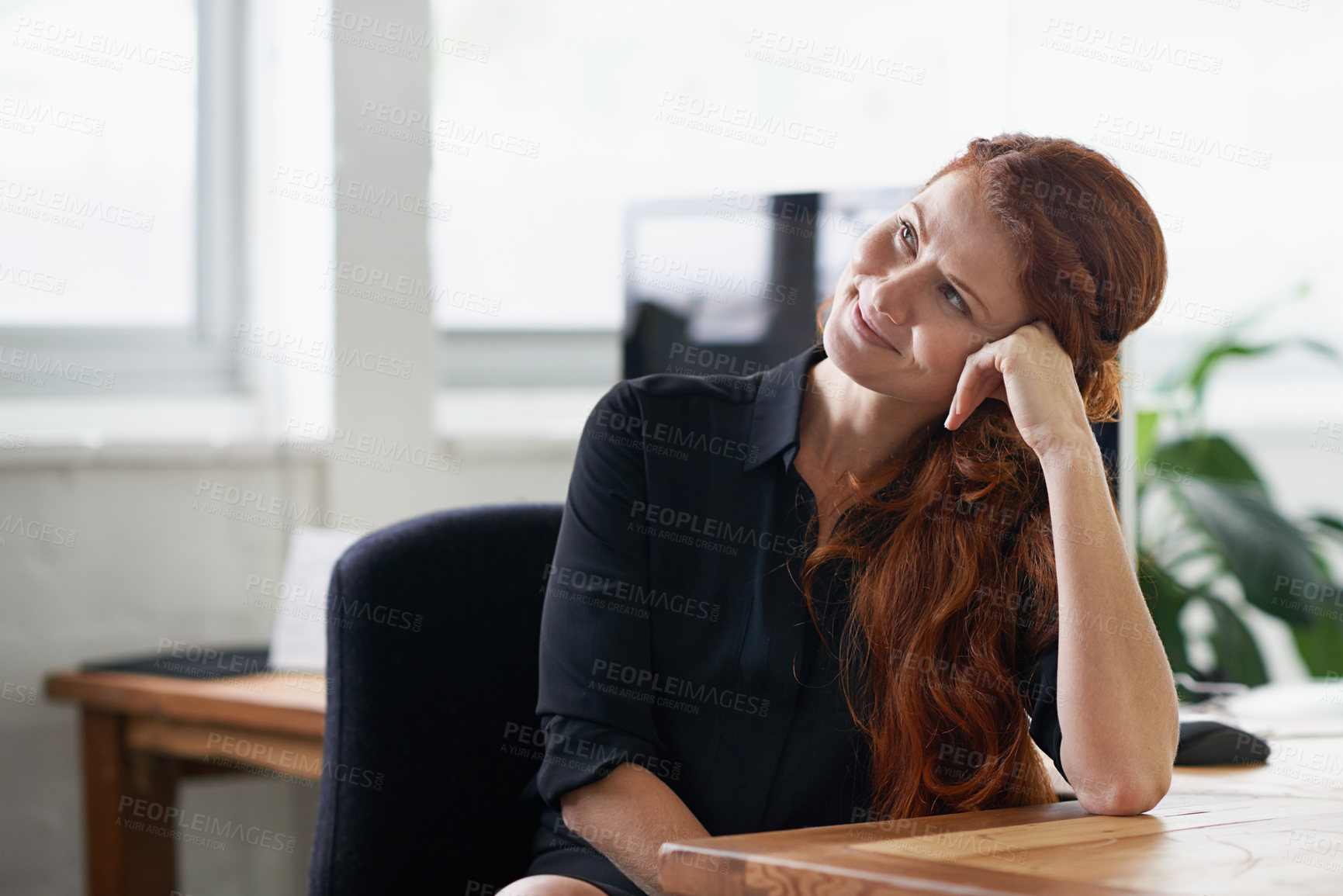 Buy stock photo Business woman, thinking and idea by desk, planning and contemplating choice or decision. Happy female person, office and dream of career opportunity in workplace, startup company and entrepreneur