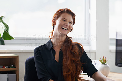 Buy stock photo Businesswoman, laughing and office desk as entrepreneur at tech startup for small business, professional or funny. Female person, smile and confidence for company growth or humor, joke or workplace