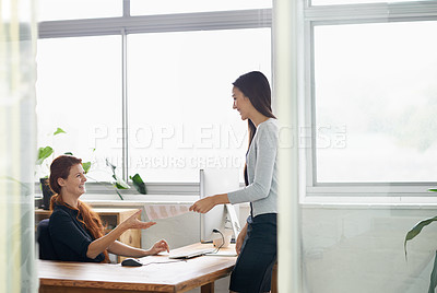 Buy stock photo Meeting, documents and business women in office with report for planning, strategy and analysis. Communication, teamwork and female workers with paperwork for financial review, analytics and proposal