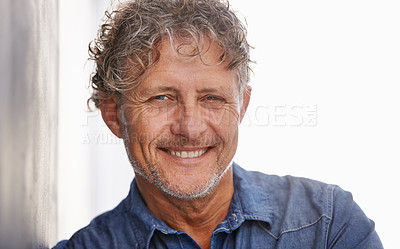 Buy stock photo Face portrait, smile and business man in office with pride for career, job or occupation. Entrepreneur, professional and mature male employee, boss and confident person from Australia in mockup.