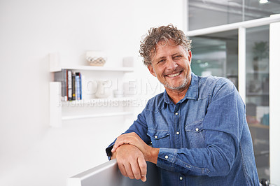 Buy stock photo Portrait, smile and business man in office with pride for career or creative job. Entrepreneur, professional and male designer, confident boss and mature person from Australia leaning on computer.