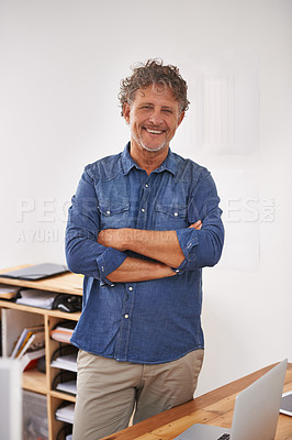 Buy stock photo Portrait, smile and business man with arms crossed in office with pride for career, job or occupation. Entrepreneur, male professional and happiness of confident boss and mature person from Canada.