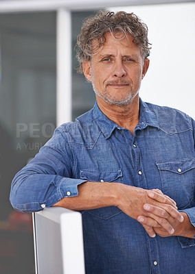 Buy stock photo Portrait, mature and business man in office with pride for career at startup. Entrepreneur, professional and male manager, confident boss and serious person from Australia leaning on computer.
