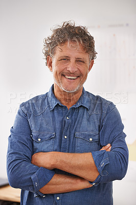 Buy stock photo Portrait, happy and business man with arms crossed in office with pride for career, job or occupation. Entrepreneur, male professional and smile of confident boss and mature person from Canada.