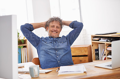 Buy stock photo Mature, business man and relax in office with a smile from work target and goal success. Tech break, happy and businessman feeling rest and confident from company and creative writer job 