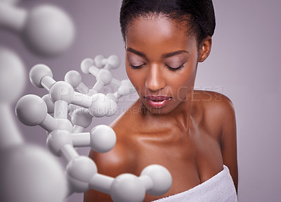 Buy stock photo Beauty, dermatology and molecules for science with black woman in studio on purple background. Face, skincare and genetics for dna cosmetics with young person at futuristic spa or wellness salon