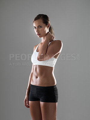 Buy stock photo Woman, portrait and workout sweat for exercise health in studio for performance, grey background or fitness. Female person, hand and physical practice for weight loss or activity, cardio or mockup