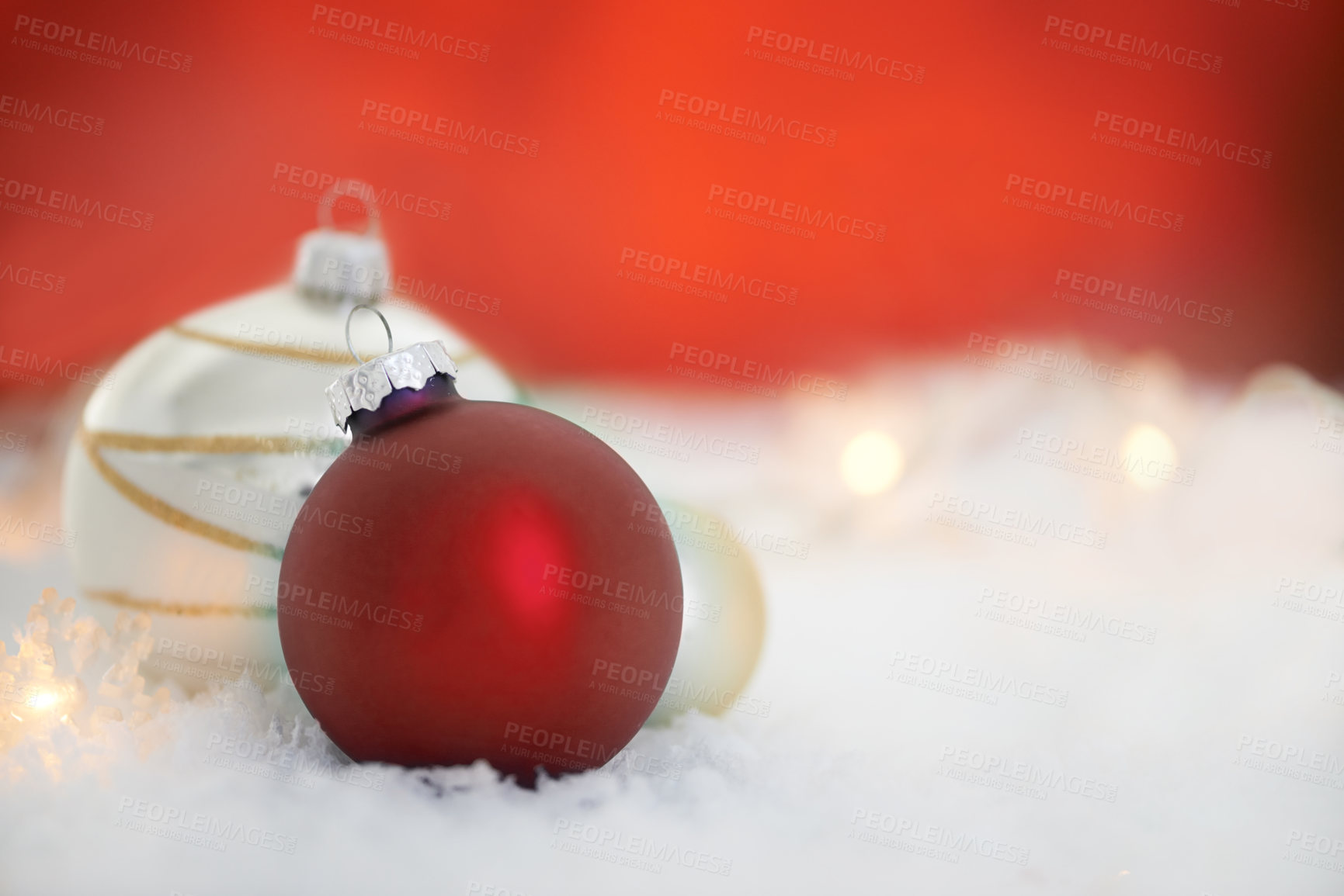 Buy stock photo Christmas, decor and interior with bauble in festive season, holiday or weekend on snow or studio background. Closeup of empty decoration with red ball, ornament or December equipment on mockup space