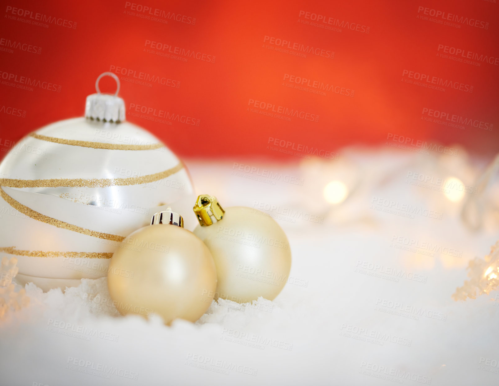 Buy stock photo Christmas, decor and interior with bauble for December holiday or festive season on snow or studio background. Closeup of house decoration with ball, ornament or creative equipment on mockup space