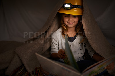 Buy stock photo Happy child, bedroom and reading book at night with flashlight for learning, education and imagination. Girl or kid in blanket at home for story, creative and fantasy with adventure alone in dark