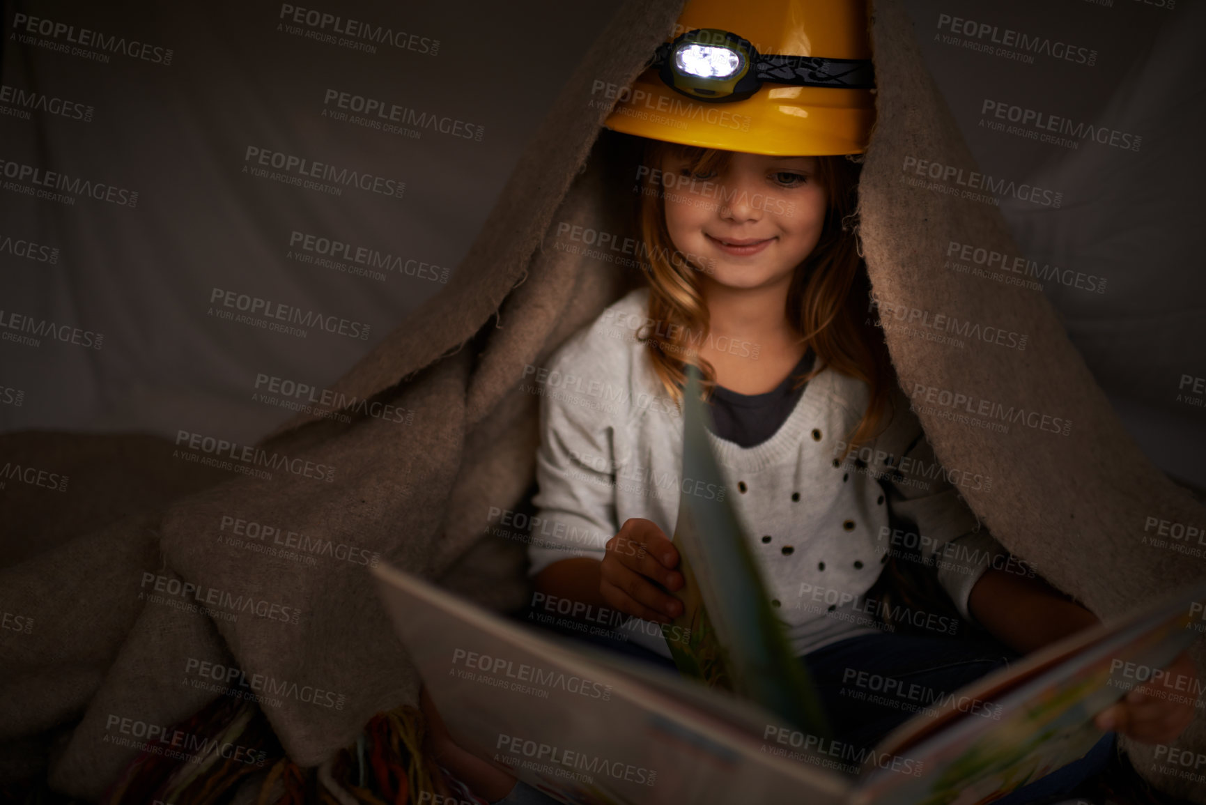 Buy stock photo Happy child, bedroom and reading book at night with flashlight for learning, education and imagination. Girl or kid in blanket at home for story, creative and fantasy with adventure alone in dark