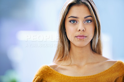 Buy stock photo Business woman, portrait and confident in startup company, office and workplace for creative agency. Professional, designer and face of young female person for worker, employee or entrepreneur