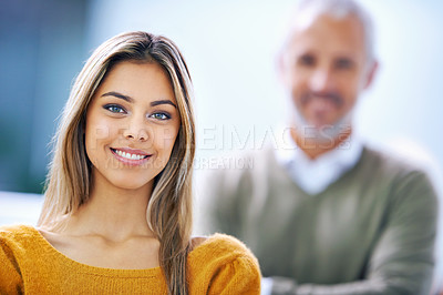 Buy stock photo Internship, office and portrait of woman with smile for corporate finance, accounting and job at startup. Business person, happy and face of employee with confidence for company, work and pride