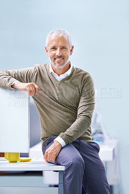 Buy stock photo Businessman, monitor and portrait of manager at office desk for accounting job, pride or financial career. Mature employee, happy and technology with confidence for corporate company, job and work