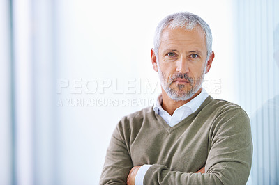 Buy stock photo Portrait, arms crossed and confident business man in office, startup company or creative career. Designer, entrepreneur and face of mature person for serious, management or development in workplace