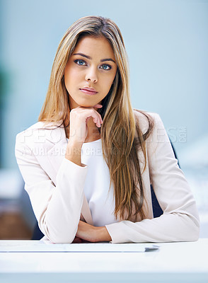 Buy stock photo Businesswoman, portrait and desk for company confidence as designer for creative project, entrepreneurship or office. Female person, face and professional employee for opportunity, about us or pride