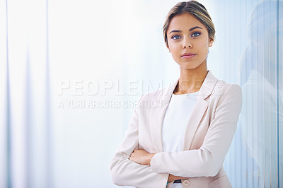 Buy stock photo Business woman, arms crossed and confident in portrait, paralegal at law firm and serious with pride. Young professional, career and legal expert at office with mockup space and corporate job