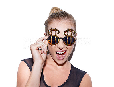 Buy stock photo Portrait of an unconventional blonde woman wearing bling sunglasses