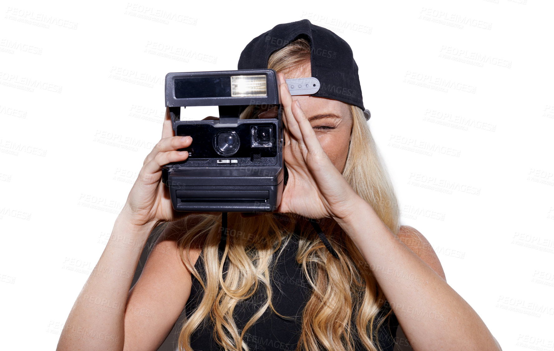 Buy stock photo Studio, photography and woman with retro camera tech isolated on a white background. Fashion, vintage lens and person taking picture for hobby, photoshoot and paparazzi with model in cap for style