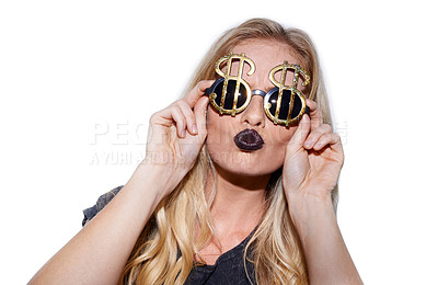 Buy stock photo Sunglasses, dollar sign and young woman with beauty or fashion in studio isolated on a white background. Face, makeup and person with cool glasses for money, gold and shine with cosmetics on lips