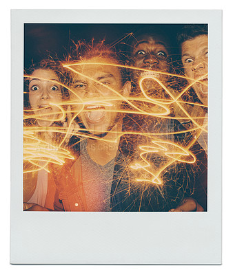 Buy stock photo Night, portrait and friends with fireworks for celebration of youth at outdoor festival, pattern and bonding. Group, together and excited or crazy with sparklers for Fourth of July or New Year event.